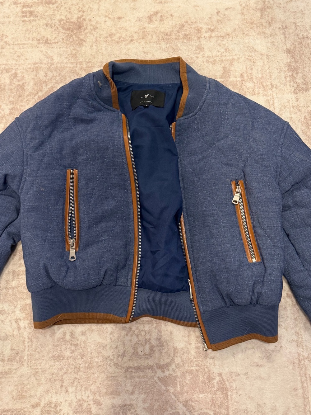 Seven Mankind Bomber Jacket in Navy with Brown Trim size small